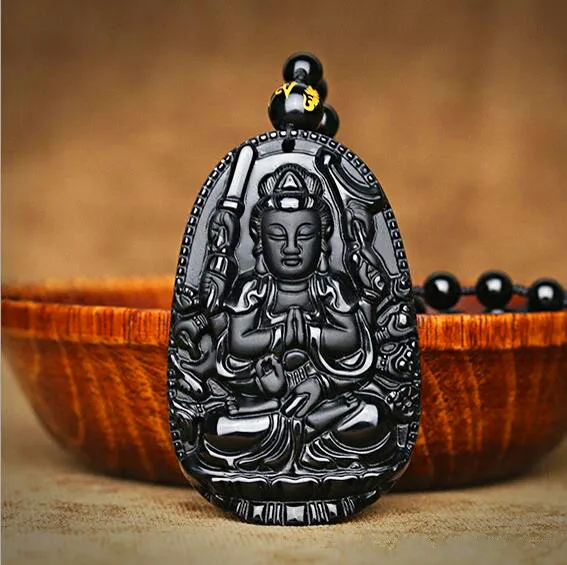 

Natural obsidian Patron saint Avalokitesvara bodhisattva zodiac rat ben buddha pendant necklace for women and men