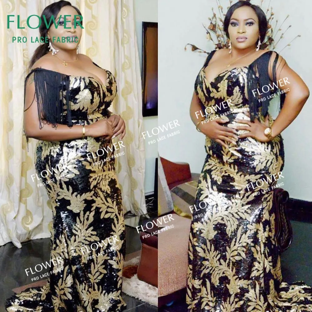 2020 African French Sequins Net Lace Fabric Gold Sequined Embroidered Guipure Mesh New Wedding Party Dresses Fabrics | Дом и сад