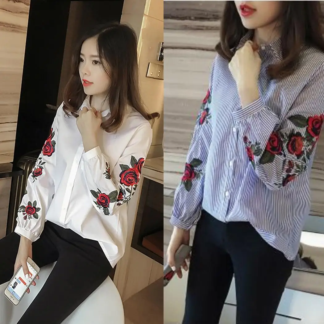 

Women Fashion Embroidery Flower Blouse Large Casual Print Size Long Sleeve Turn Down Slim Neck Shirt Collar