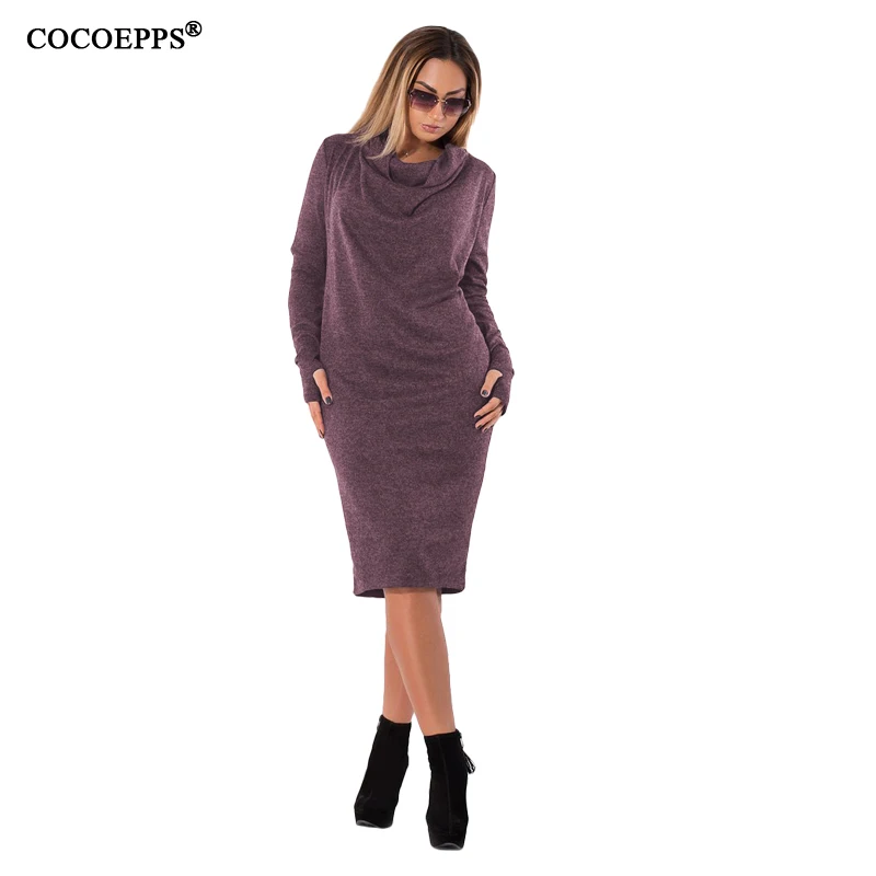 COCOEPPS Long sleeve Autumn High Neck Women Large Size Dress Thicken 5XL 6XL Plus Size Dress Mid-Calf Female Clothes vestidos - Цвет: Brown