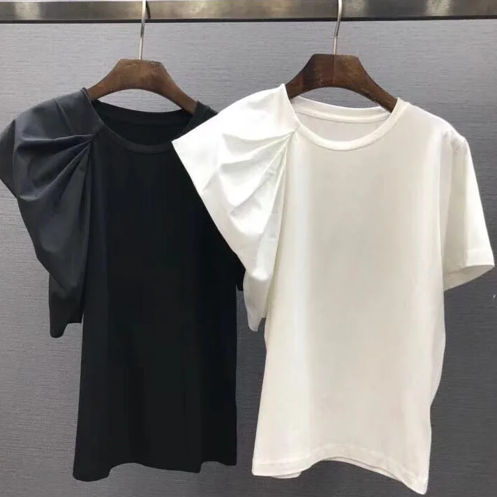 

Summer Women Pure Color Short Sleeve T-Shirts Casual Cotton T-Shirts Butterfly Sleeve High Street O-Neck White Black T-Shirts