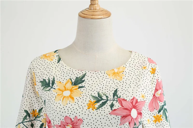 Kostlich Summer Newest Hepburn Vintage Dress Women Big Swing Dress Casual O-Neck Half Sleeve Patchwork Floral Print Dresses  (6)