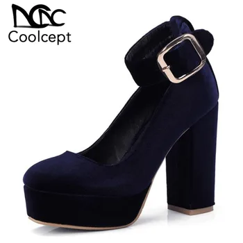 

Coolcept Flocking Leather Ankle Wrap Buckle Thick Heels High Heel Pumps Platform Party Shoes Velvet Upper Footwear Size 32-42