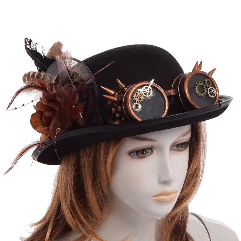 Cosplay&ware Steampunk Hat Bowler Feathers Gear Glasses Gothic Victorian Cosplay Fedora Top Heawear -Zentai shop online