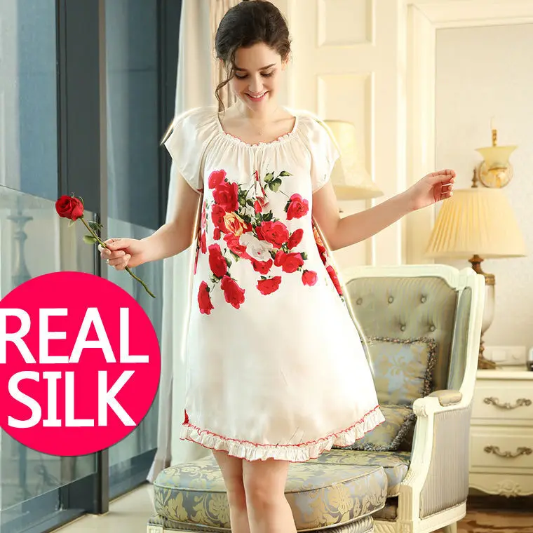 

100% pure silk nightgowns women Sexy sleepwear Home dresses SILK nightdress SATIN nightie Summer style pajamas Floral dress