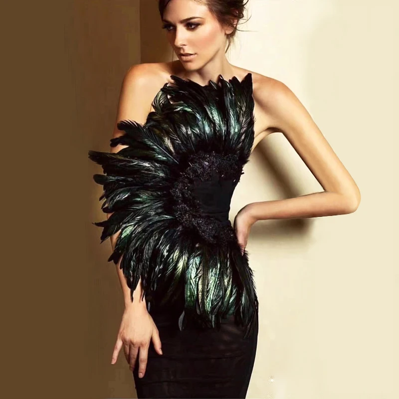 Высококачественное Черное мини-платье без бретелек с перьями из вискозы, Бандажное платье, модные Клубные вечерние облегающие платья
