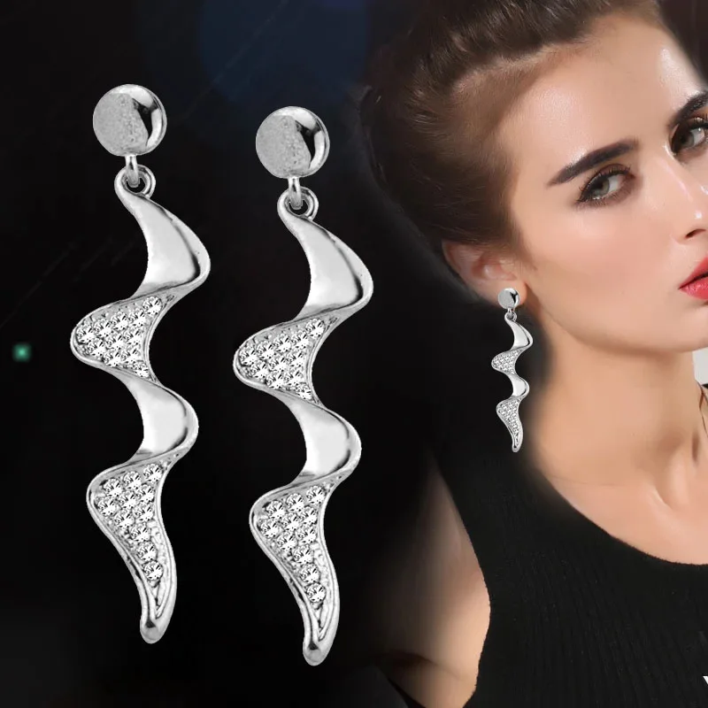 

SINLEERY Fashion Punk Twist Spiral Lightning Long Earring For Women Crystal Jewelry Gifts Gold Black Silver Earrings ES027
