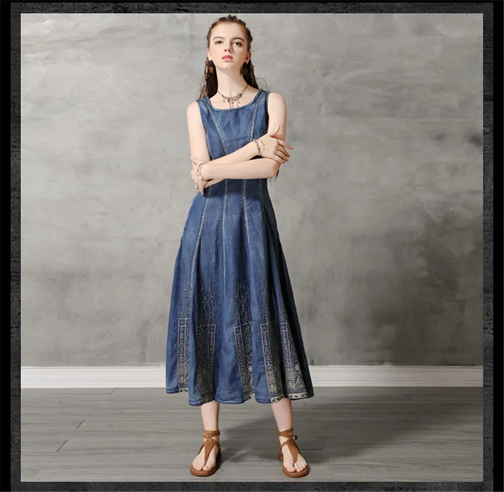 Vintage Summer Cotton Denim Dress 2019 Women's Dresses Sundress Embroidery O-Neck Vestido Women Tank Dress Sleeveless Dresses (11)