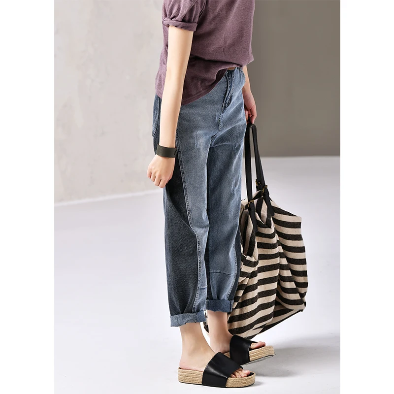 

N1933 Artistic large size two-color stitching shows skinny straight tube nine-point jeans