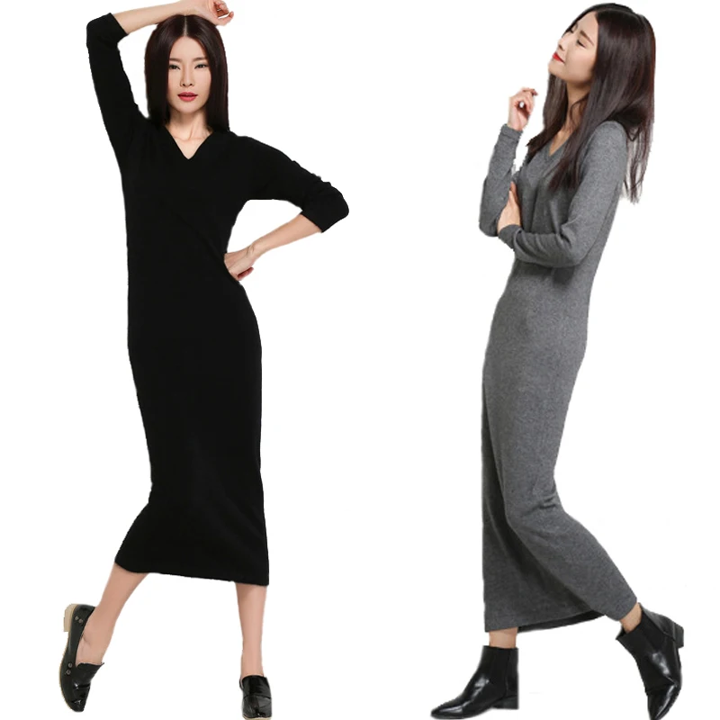 Cashmere Sweater Black Dress Knitwear Maxi V Neck Sweater Knitted Dress