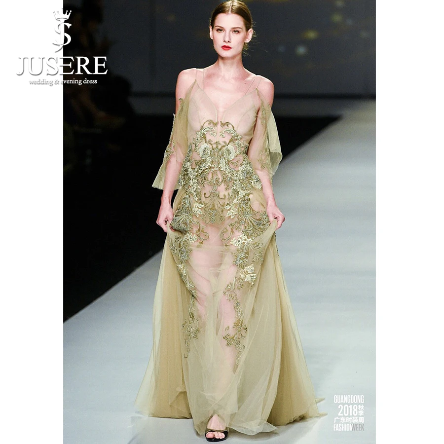 

Sexy A line Off shoulder spaghetti straps flutter Side sleeves embroidered bare back evening dress designer celebrity nude dress