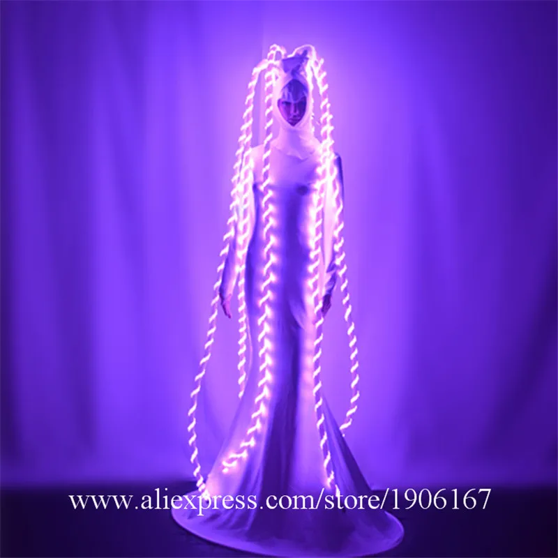 Party wears long dress dj ds show outfits singer performance clothe RGB colorful led costume luminous glowing skirt hairs dj0