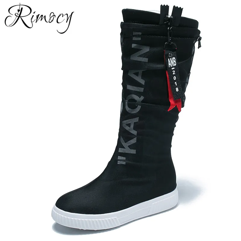 

Rimocy 2018 autumn winter lomg boots mesh botas mujer stretch fabric med calf boot round toe platform shoes woman slip on boty