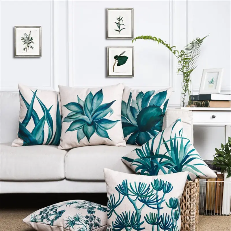

Doreen Box Cotton Linen Pillow Case Tropical Plant Printed Blue Color Decorative Pillow Cover Throw Pillows, 45*45 CM 1 Piece