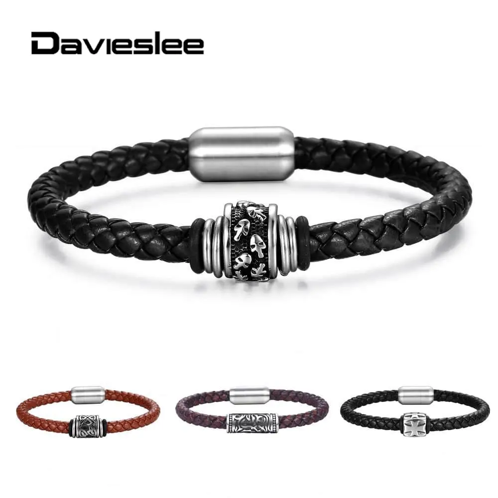 

Black Brown Leather Bracelet for Men Women Wristband Magnet Clasp 8.5inch Stainless Steel Skull Cross Charm Bracelets LDLBM37