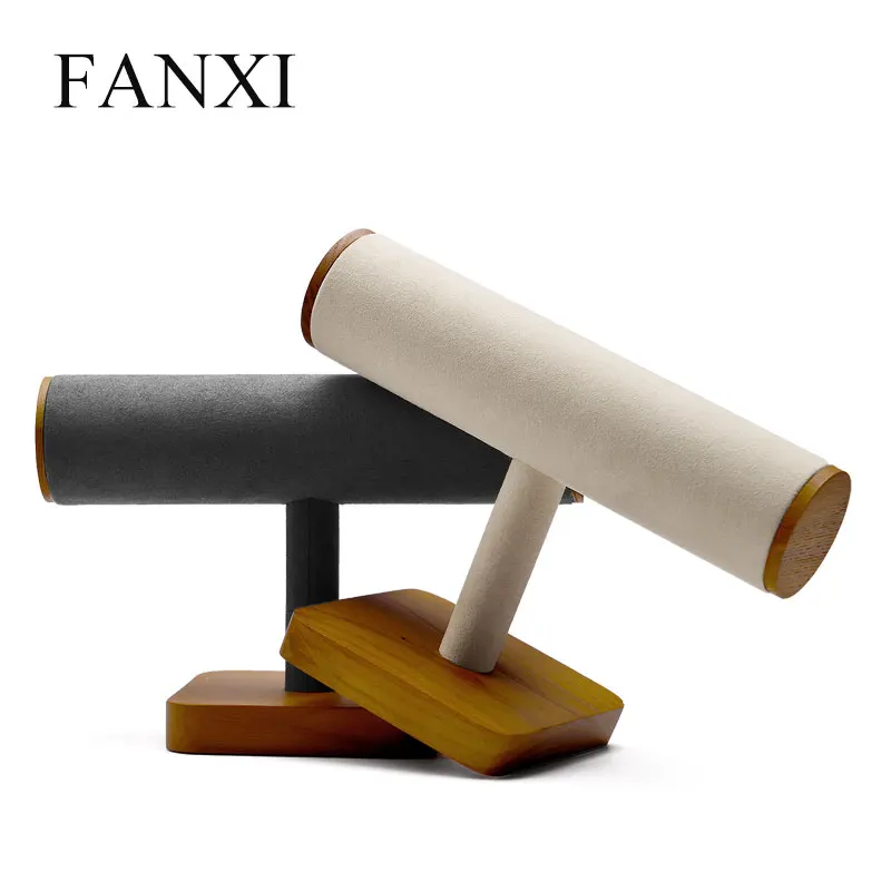FANXI деревянный дисплей для ювелирных изделий T тип Подставка для ювелирных изделий микрофибра Ожерелье Браслет Дисплей с витриной держатель ювелирных изделий