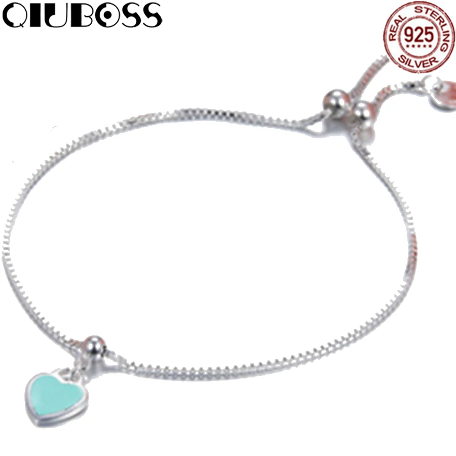 

QIUBOSS TIFF 925 Sterling Silver Brand Genuine Green Heart Bracelet Charm Elegant Lady Bracelet DIY Gift Jewelry