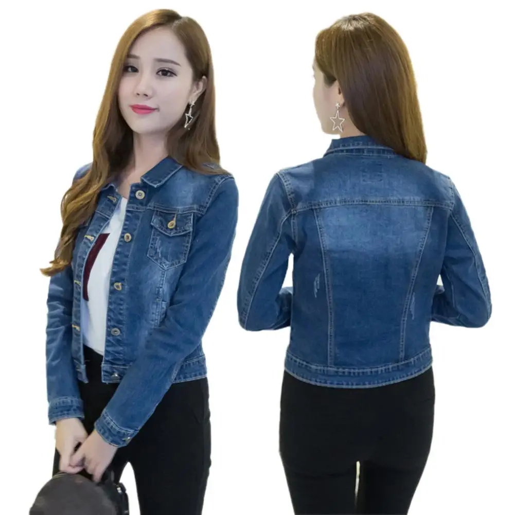 

Women Short Jeans Jacket Slim Turn Down Collar Long Sleeve Button Denim Outwear New Chic Vintage