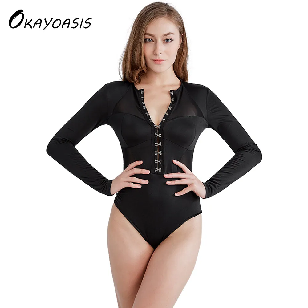 Buy OKAYOASIS Free Shipping Sexy Long Sleeve Bodysuit Women Tops Casual Fitness