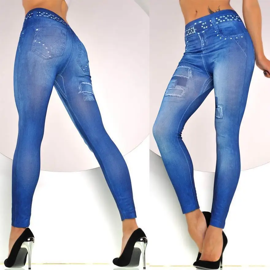 Women High Waist Skinny Leggings Faux Denim Jeggings Jeans Tik Tok