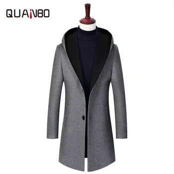 

QUANBO 2019 Autumn Winter New Mens Wool Overcoat Men Slim Fit Hooded X-Long Wool Coat Fashion Casual Single Breasted Coats Gray