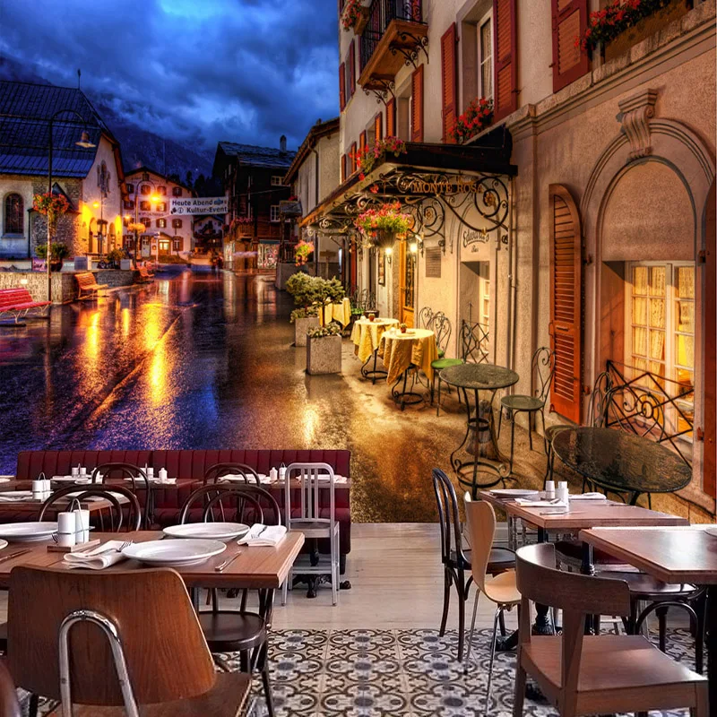 European Town Street Night Landscape Mural Restaurant Clubs KTV Bar