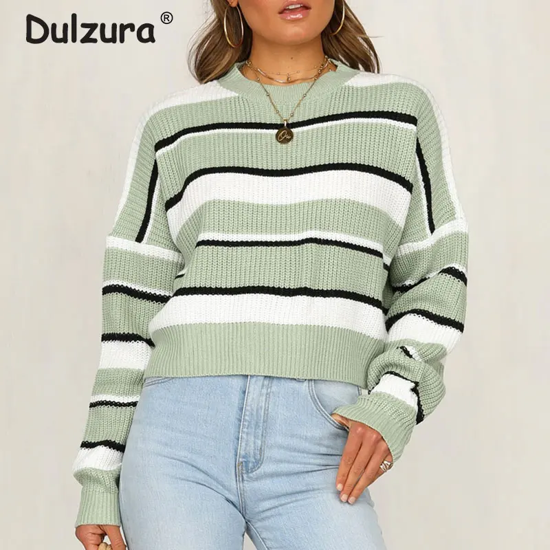 

Fashion Women Macaron greeen Knitted Striped Pullovers New Autumn Warm O-Neck Loose Sweaters Elegant Basic Jumpers Tops Femme