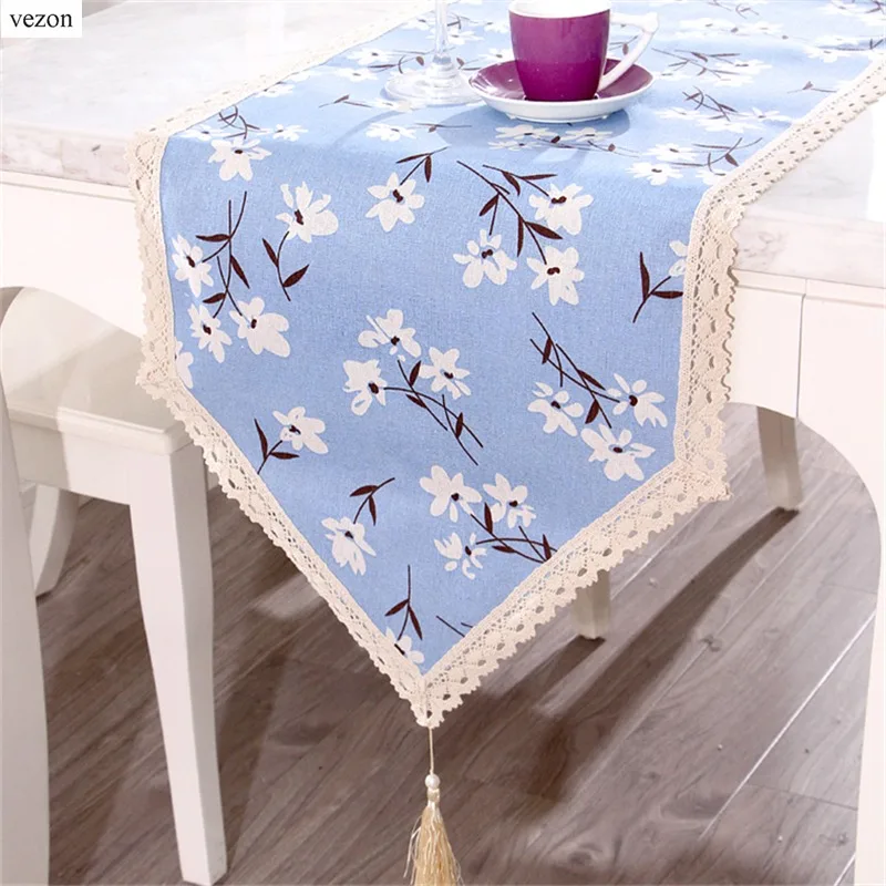 

vezon Europe Cotton Linen Elegant Floral Printed Table Runner Delicate Flowers Waterproof Flag Runners Print Cloth Covers Lace