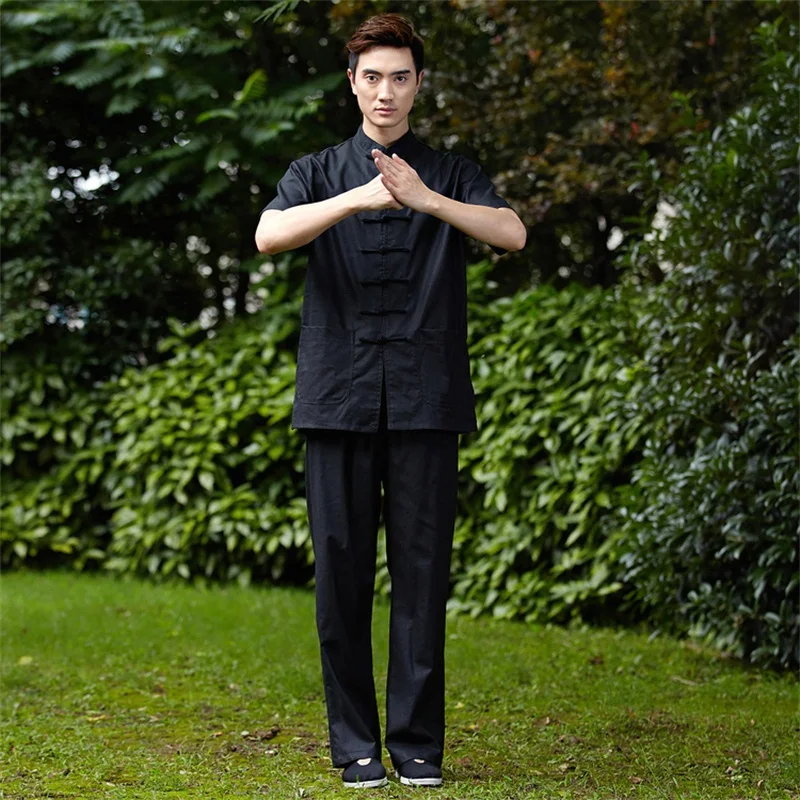 Скидка черный китайский для мужчин Тай Чи Униформа традиционное белье кунг-фу костюм короткий рукав одежда размер L XL XXL XXXL