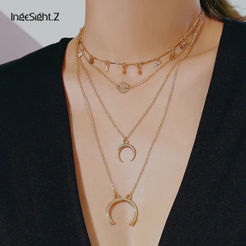 

IngeSight.Z Fashion Multi Layered Sequins Choker Necklace Collar Statement Moon Pendant Necklace for Women Jewelry Accessories