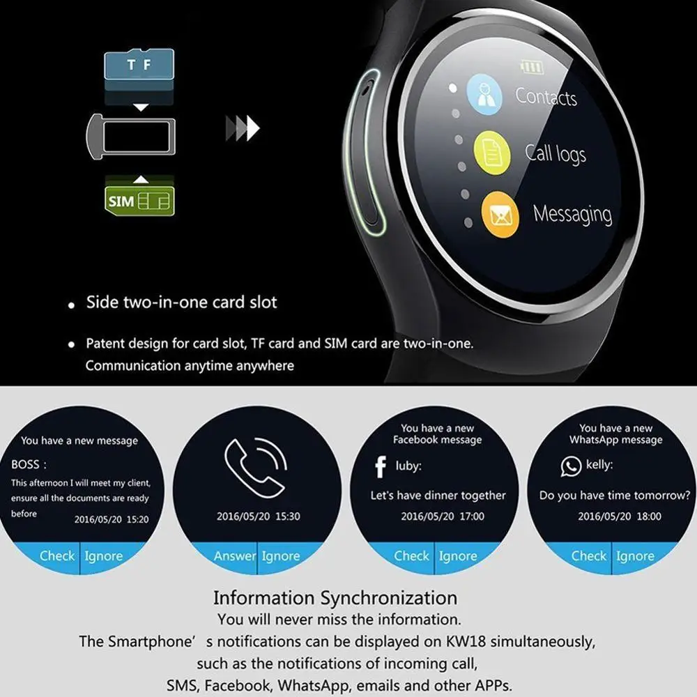 Умные часы KW18 с Bluetooth полноэкранным экраном поддержкой SIM карты TF смарт для