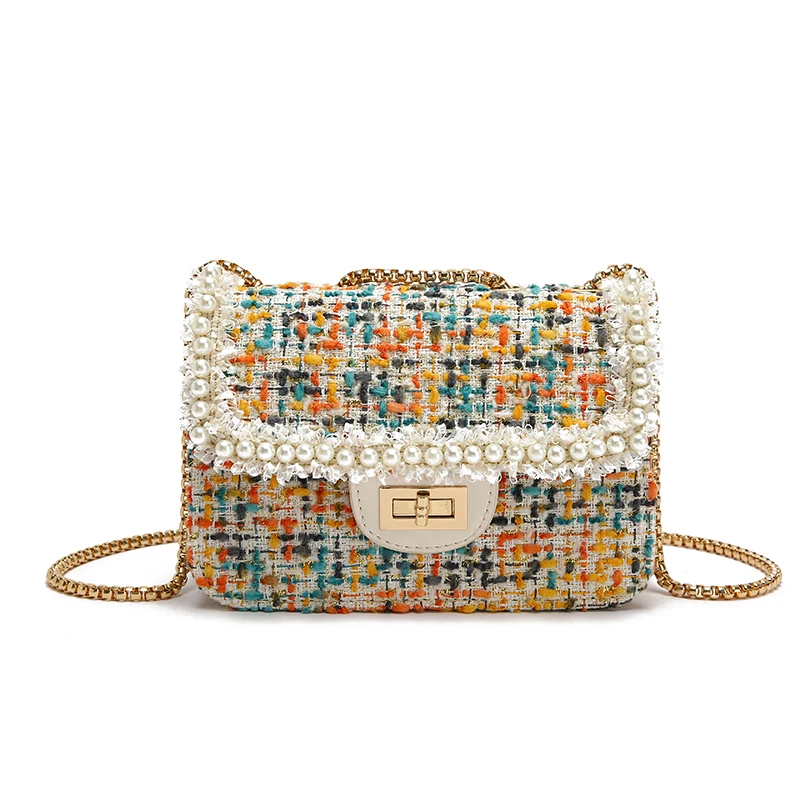 

2019 Autumn Fashion New Female Square Tote bag Quality Woolen Pearl Women's Designer Handbag Ladies Chain Shoulder Crossbody Bag