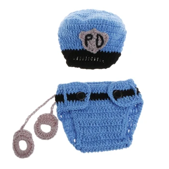 

SIV New 0-6 Months Baby Police Design Photography Props Infant Newborn Toddler Costume Outfit Crochet Hats 2018 Accessories