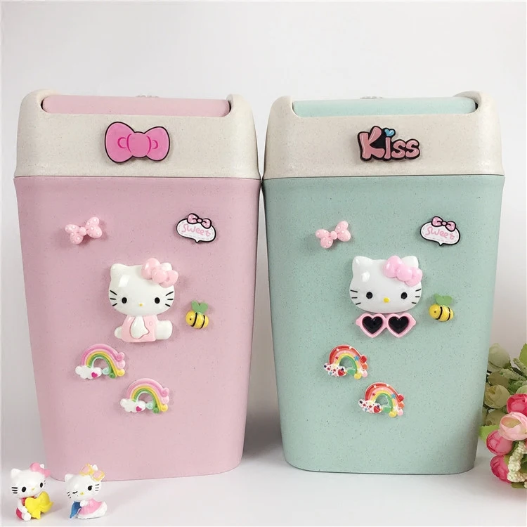 

Hello Kitty Trash Can Rolling Cover Car Trash Bin Jingle Cat Environmental Wheat Straw Material Trash Can Bathroom Garbage Can