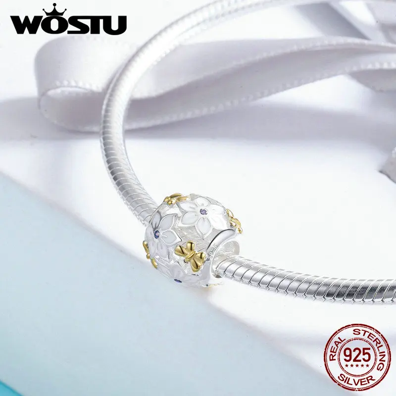 WOSTU подлинные 925 пробы серебристого и золотого цвета цветы и бабочки Очаровательные бусы для оригинальных женщин браслет ожерелье CQC546