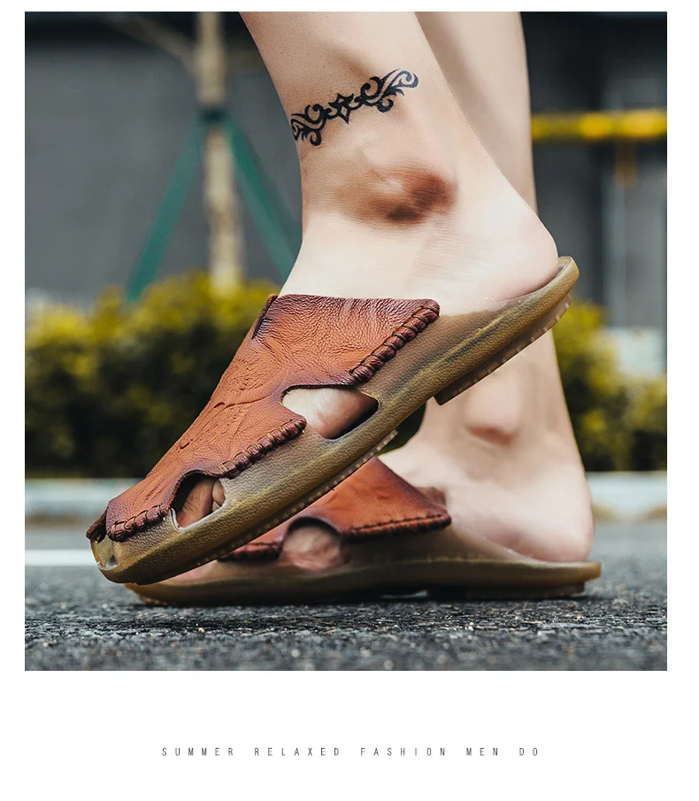 Летние сандалии; повседневная обувь из натуральной кожи; комфортные мужские на плоской подошве без застежки; мужские пляжные сандалии в римском стиле; брендовая мужская летняя обувь