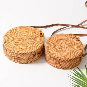 

SUNNY BEACH Summer Women Handmade Round Bamboo Handbags Rattan Bags Sun Pattern Bali Bohemian Beach Handbags Knitting Straw Bag