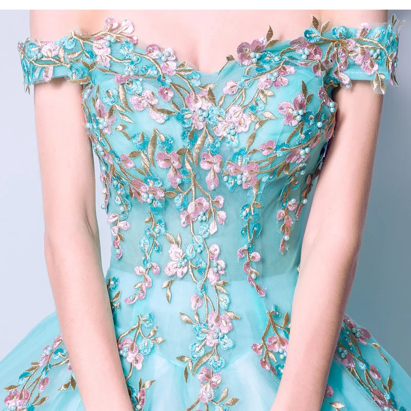 Бирюзовые синие вечерние платья с вышитыми цветами и жемчугом, бальное платье с открытыми плечами, вечерние длинные платья, настоящая фотография