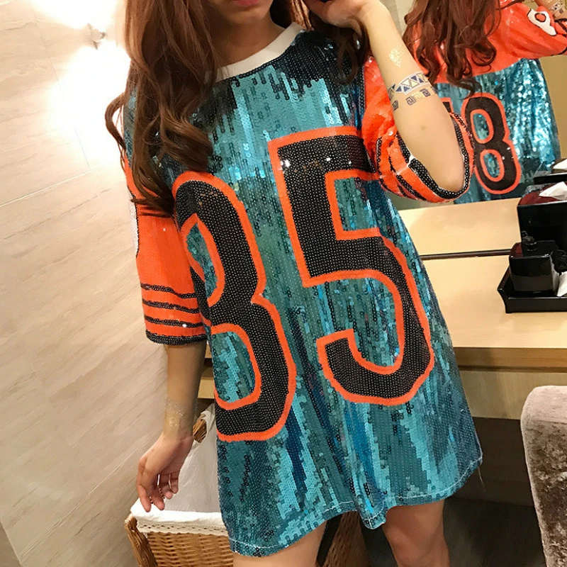Women Loose 85 Numbers Sequin T Shirt Dress Mini Dress Hip Hop Long Oversized Beading Tees Cheerleaders Dance Performance Tops Dresses Aliexpress