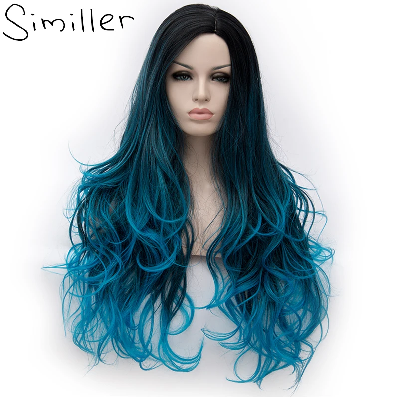 Günstige Similler 26 zoll Hitzebeständige Faser Haar Dunkle Wurzel Ombre Blau Highlight Körper Welle Synthetische Perücke Für Frauen Cosplay