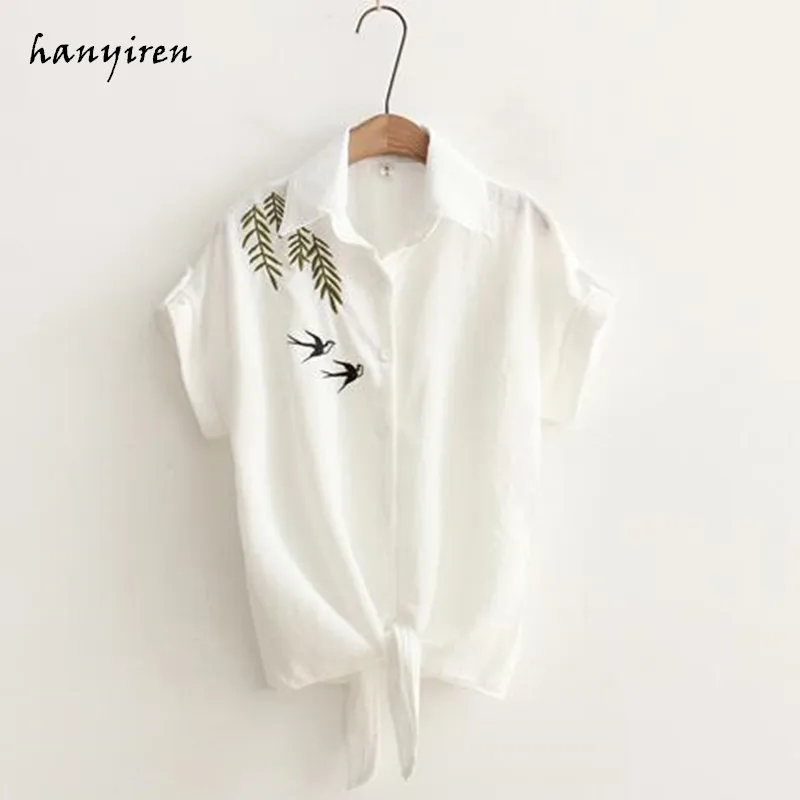 Freshness embroidery short Sleeve Women Blouses And Shirts White cat Female Ladies Casual Shirt Tops Plus Size Blusas Blouse