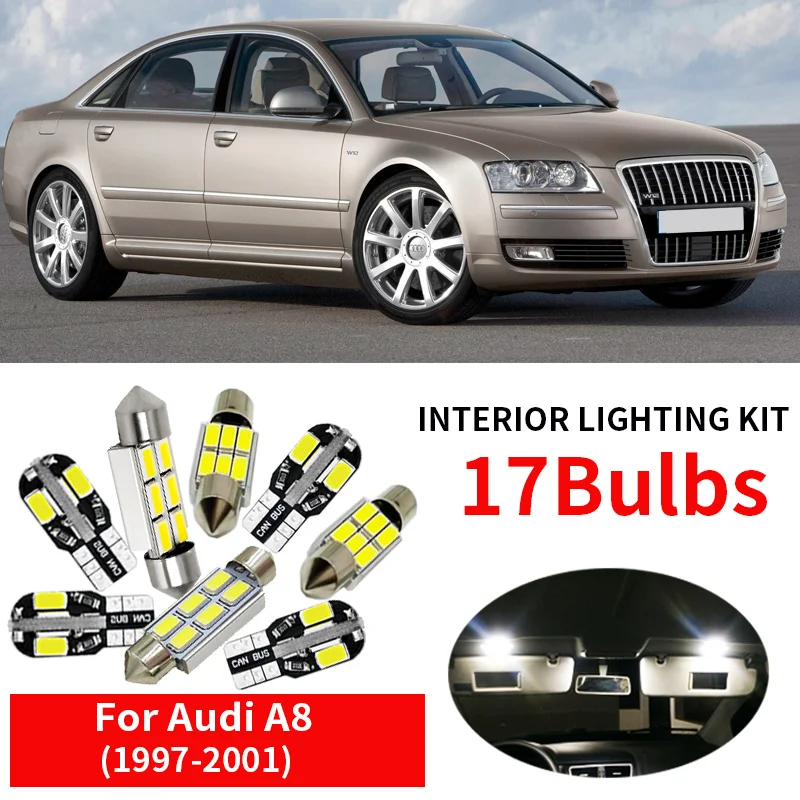 

17pcs Xenon White Car Interior LED Light Bulbs Canbus Kit For 1997-2001 Audi A8 D2 Led Map Dome Trunk License plate light Lamp