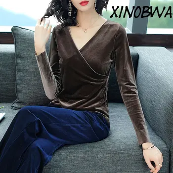 

Hot New 2018 Autumn Spring Women High Fashion Slim Sexy V Neck Long Sleeve Velvet T Shirt Tops Female Plus Size Elegant Shirts