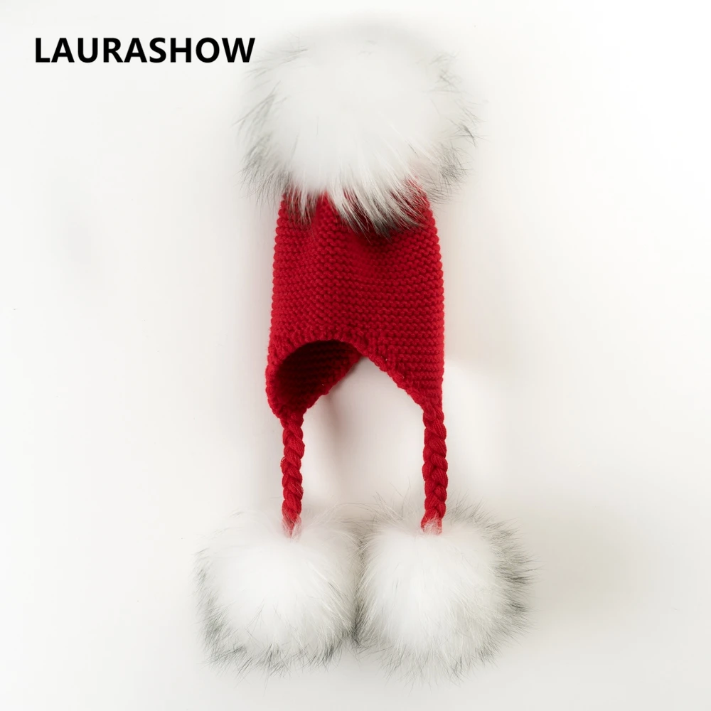 

LAURASHOW Real Mink Raccoon Fur Ball Pompoms Beanies Hat Kids Winter Warm Hat Knit Crochet Baby Boys Girls Cotton Children Cap