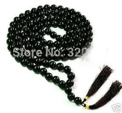 

very good 108 Tibetan Buddhist Black Agate Prayer 8MM Beads Necklace AAA+ Wholesale Silver hook Free Shipping