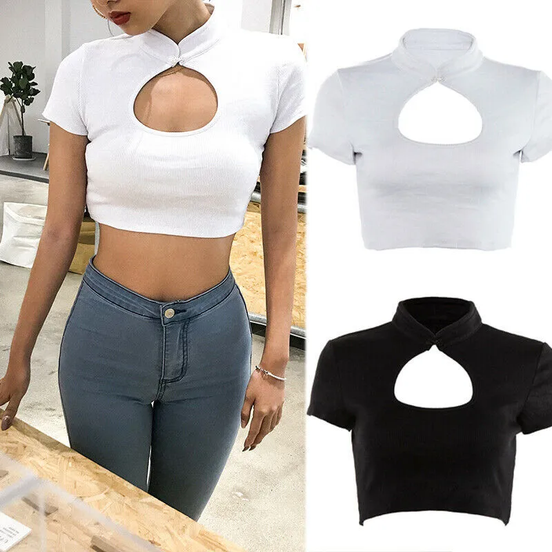 

Sexy Womens Summer T-Shirts Pure Color Short Sleeve Personalized Hollow Out Collar Crop Tops Lady Cotton Midriff-baring Tops
