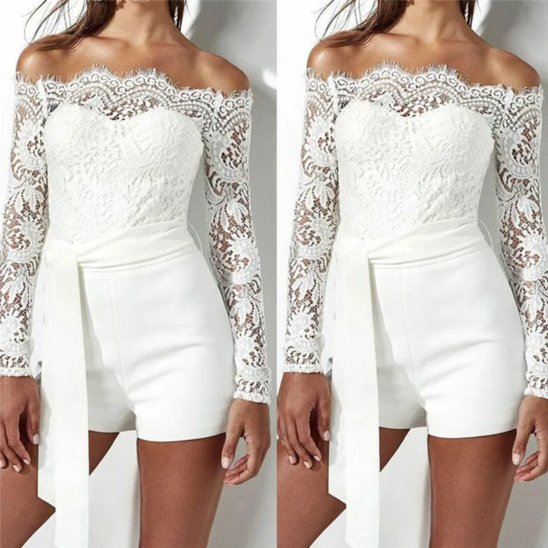 

Velishy Off Shoulder Sexy Playsuit Lace Patchwork Long Sleeve Hollow Out Bandage Skinny Romper Women Summer Party Gift New Hot