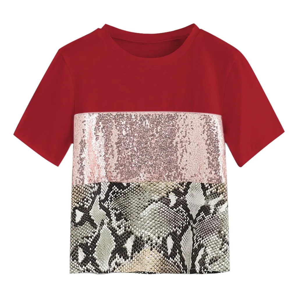 

Feitong Snake Large Size Tunic Shirt Fashion Women Pacthwork Snake Print Blouse Sequin Sleeve Casual Blouse Top camisa feminina
