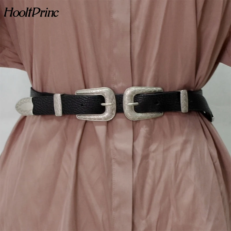 

BrandKorea Vintage Retro Carved Metal Wide Double Buckle Belt Adjustable PU Waistband Women Elastic Belt Trendy For Jeans