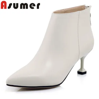 

ASUMER NEW 2020 thin heels genuine leather boots fashion sewing adult high heels boots pointed toe solid ankle boots for women